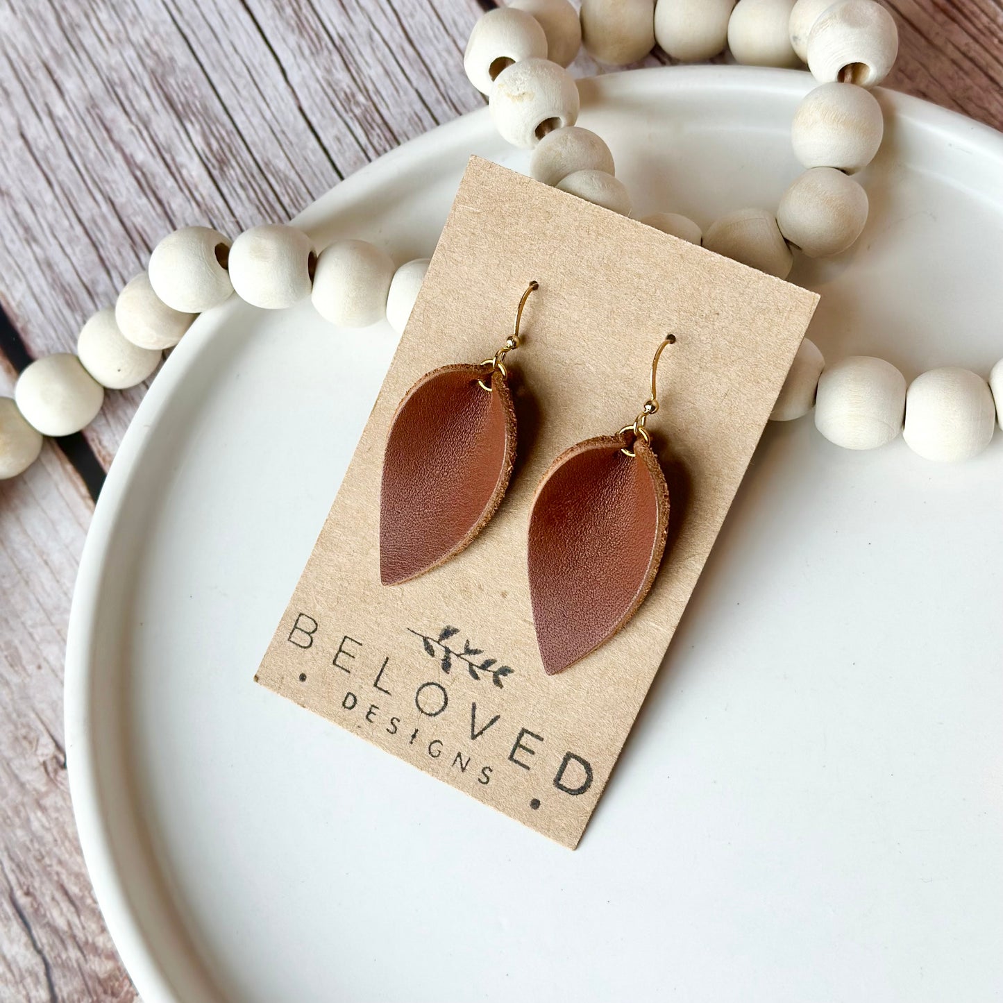 Nutmeg Leather Folded Leaf Earrings - Small