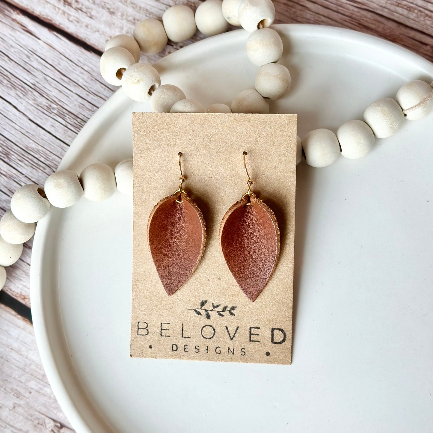 Nutmeg Leather Folded Leaf Earrings - Small