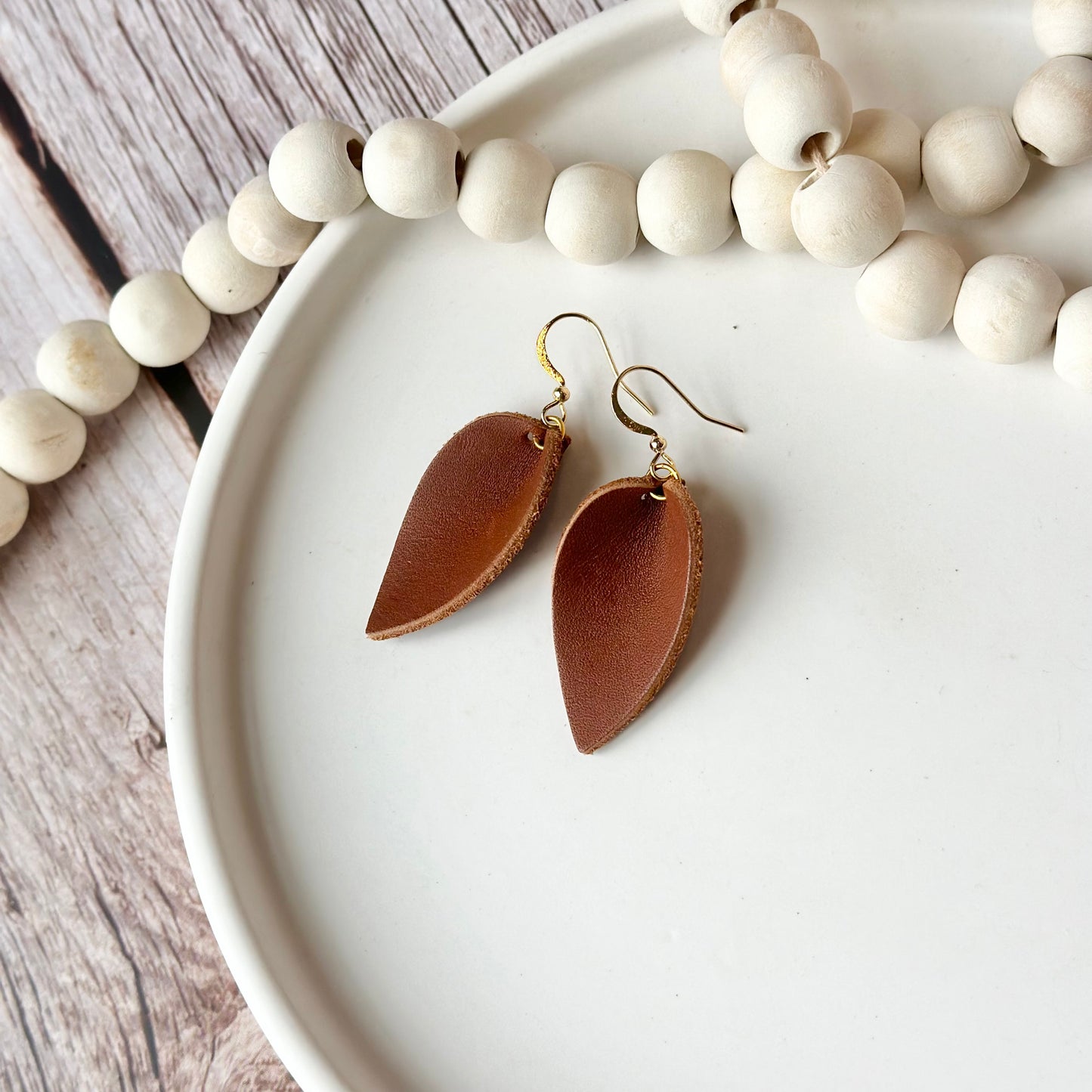 Nutmeg Leather Folded Leaf Earrings - Small