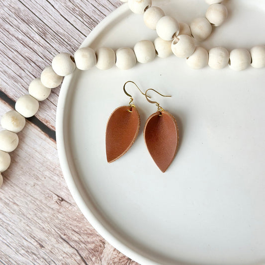 Nutmeg Leather Folded Leaf Earrings - Small