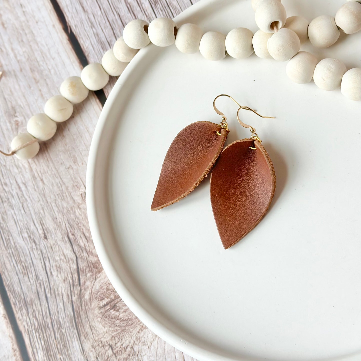 Nutmeg Leather Folded Leaf Earrings - Large