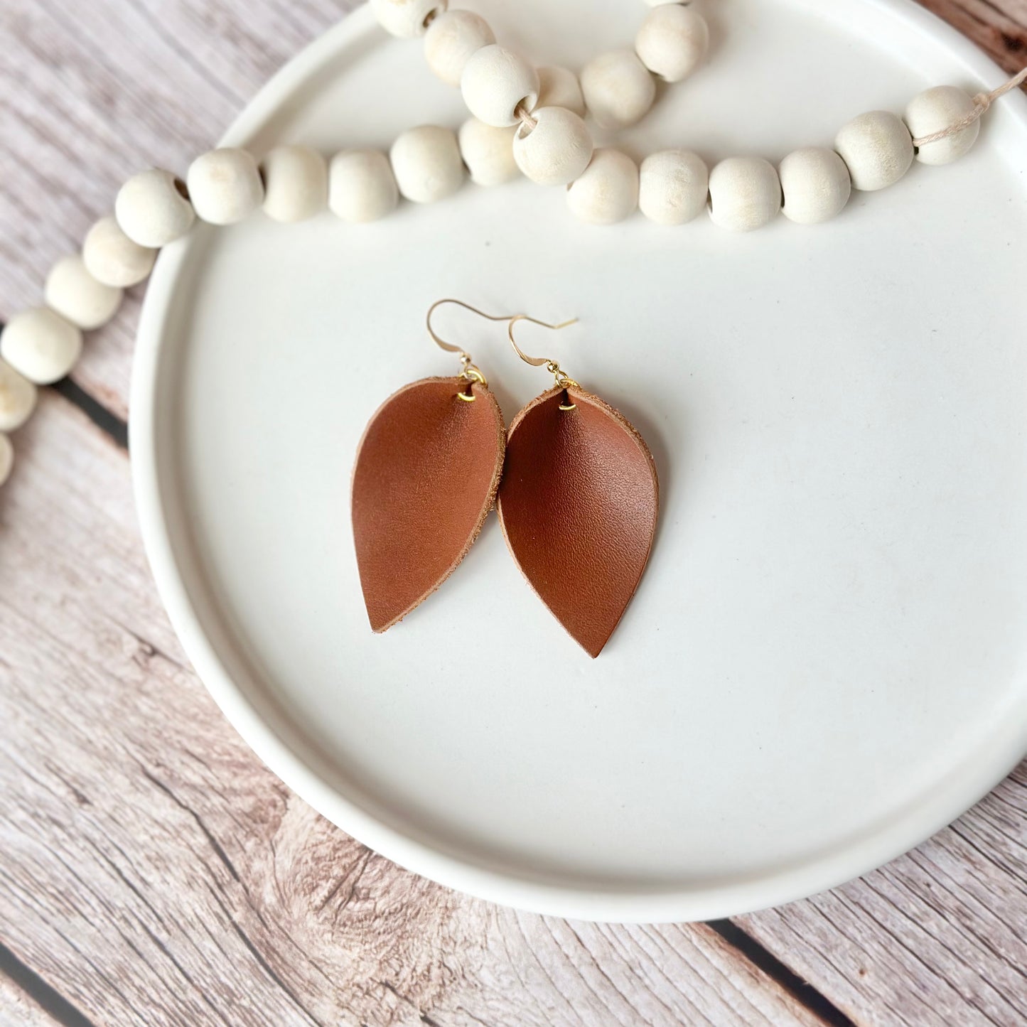 Nutmeg Leather Folded Leaf Earrings - Large