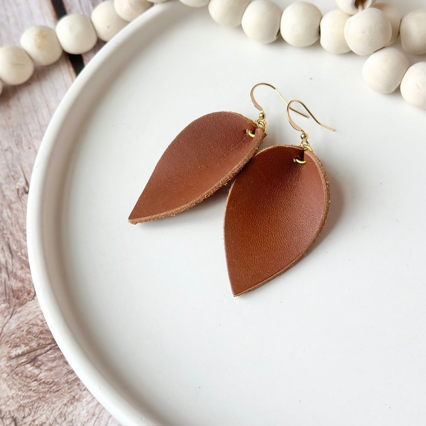 Nutmeg Leather Folded Leaf Earrings - Large