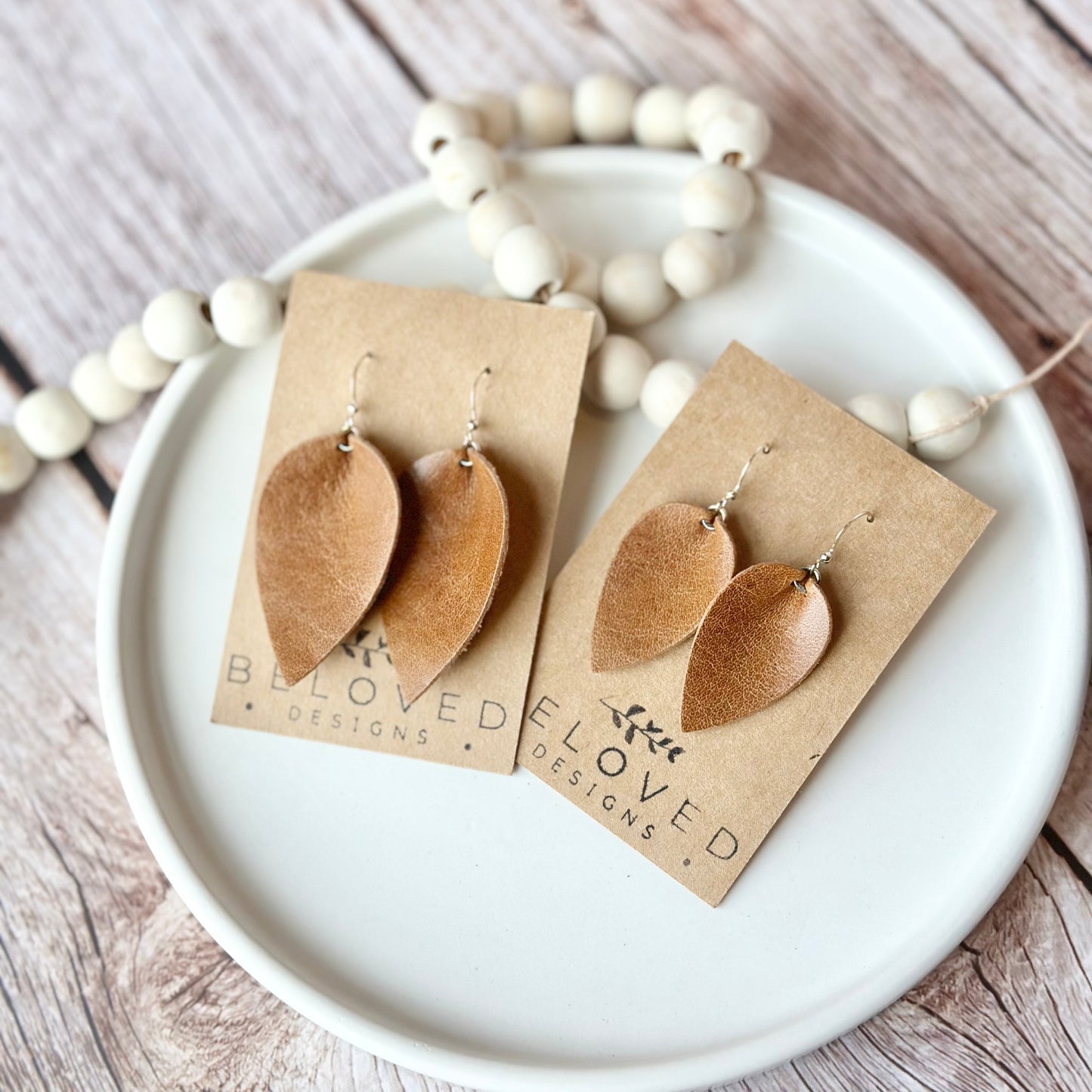 Distressed Camel Folded Leaf Earrings - Large