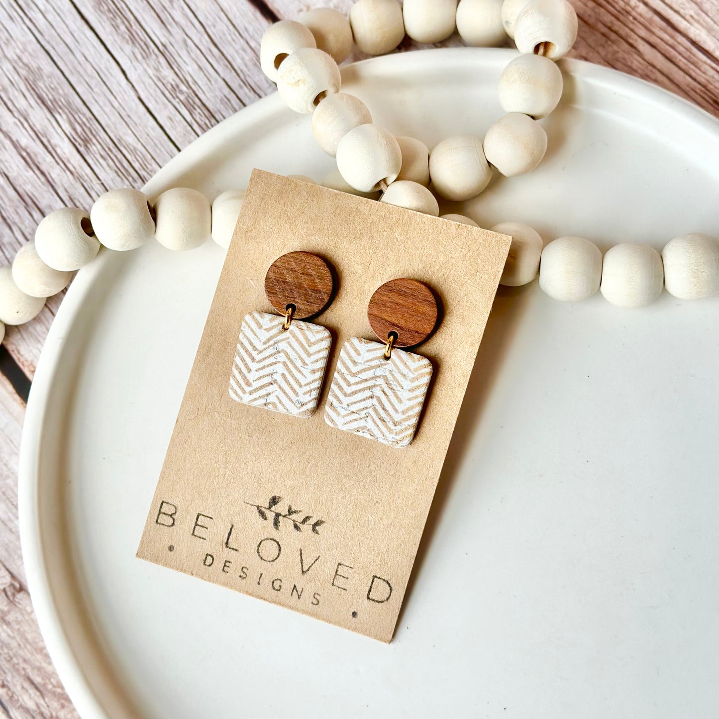 Chevron Cork Leather + Large Wood Stud Earrings