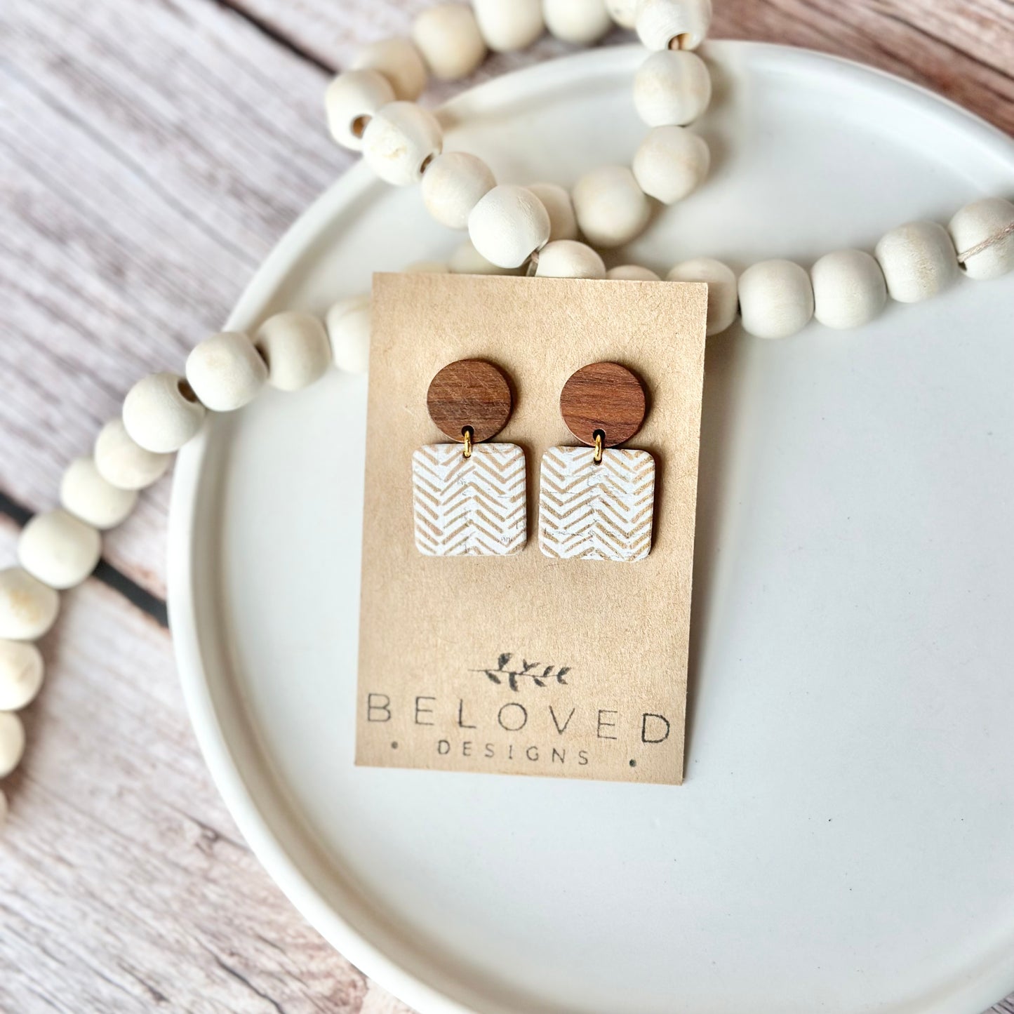 Chevron Cork Leather + Large Wood Stud Earrings