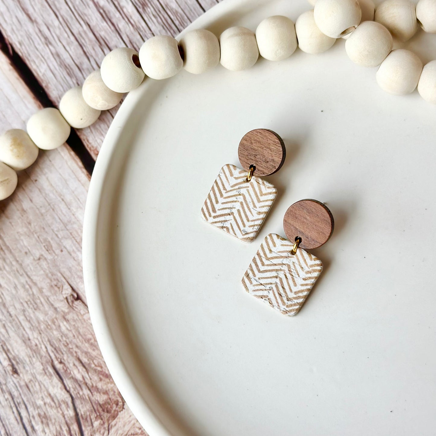 Chevron Cork Leather + Large Wood Stud Earrings