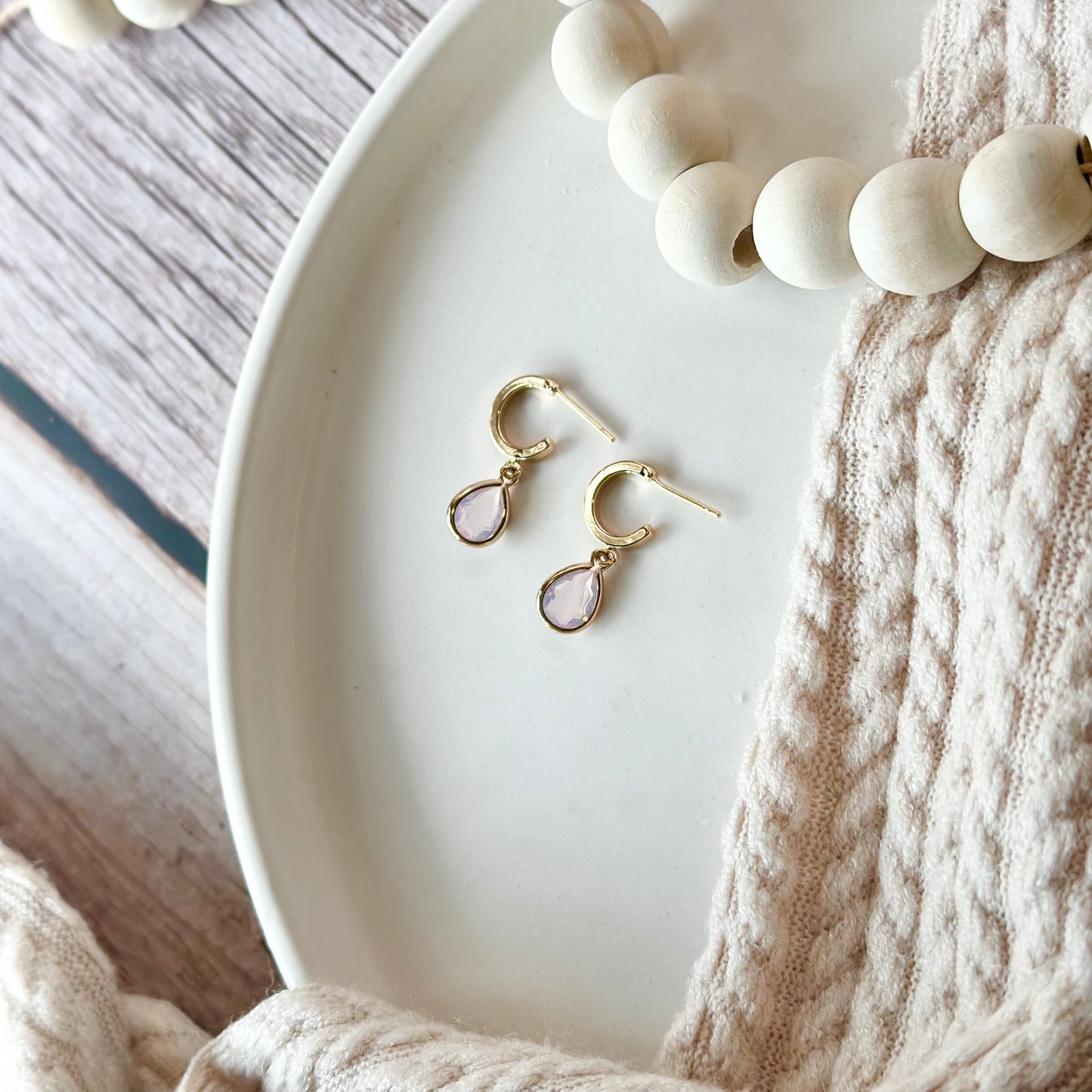 Gold Huggie + Dusty Pink Teardrop Earrings