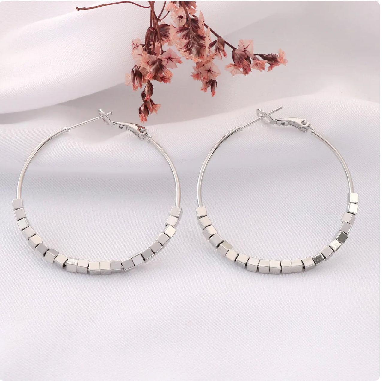Square Bead Statement Hoop Earrings | Rhodium