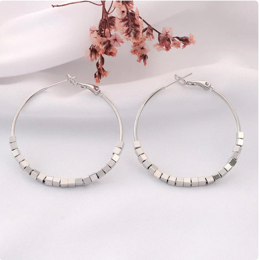 Square Bead Statement Hoop Earrings | Rhodium