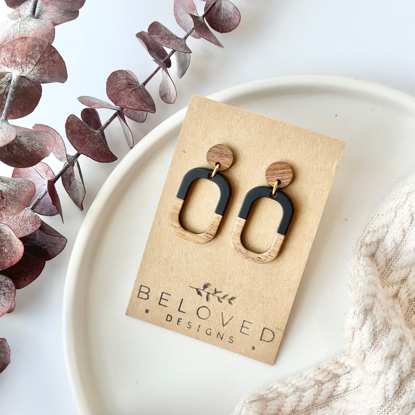 Black Oval Resin + Wood Stud Earrings