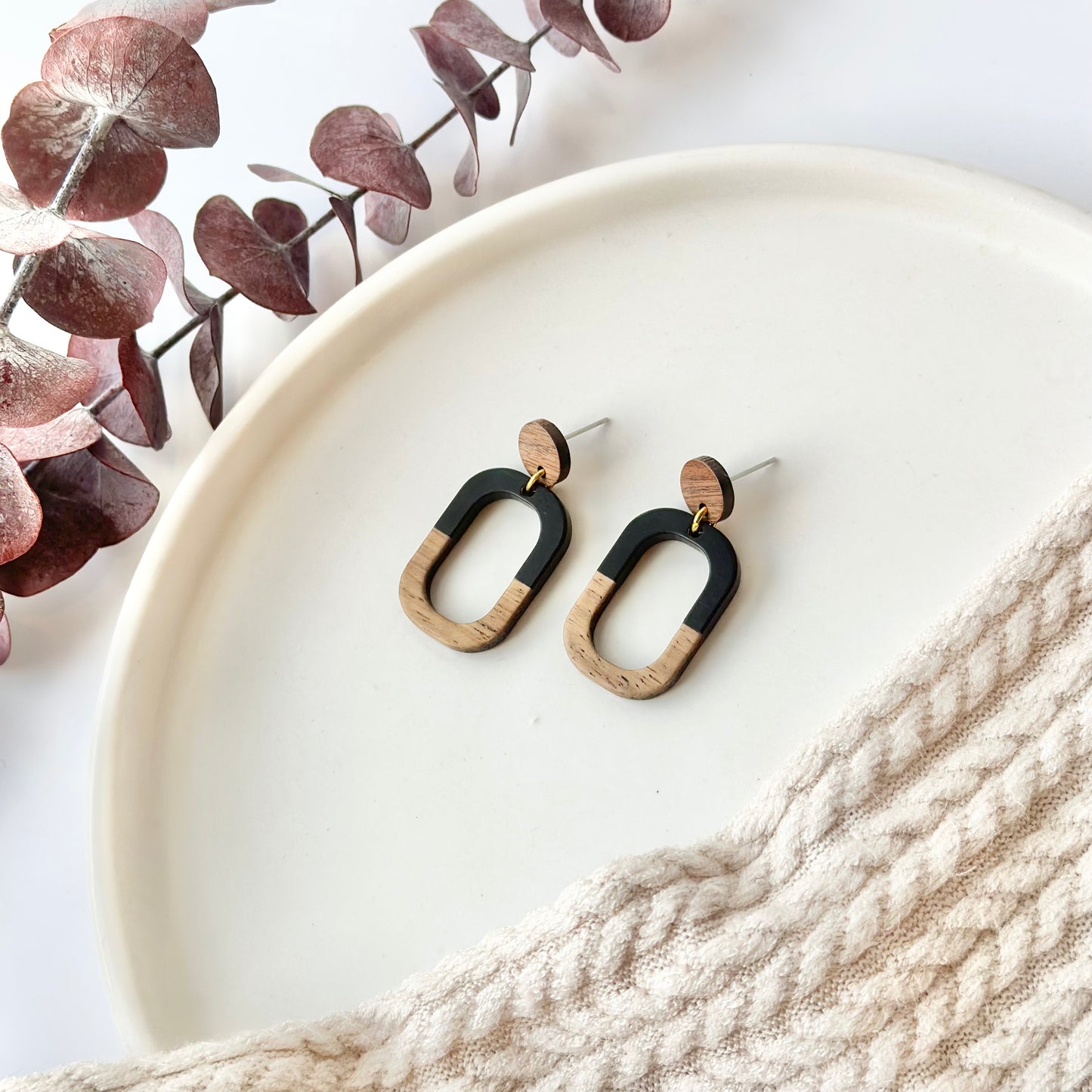 Black Oval Resin + Wood Stud Earrings