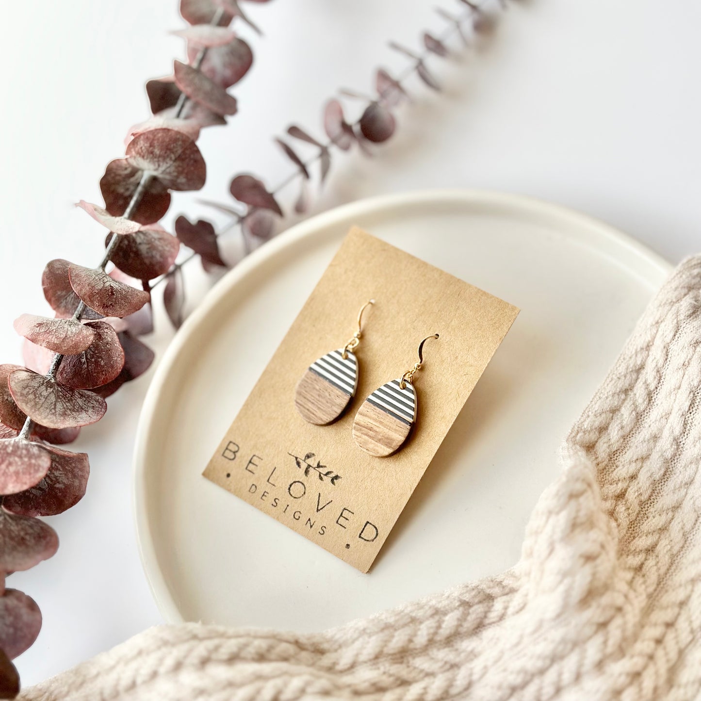 Black and White Resin + Wood Teardrop Earrings