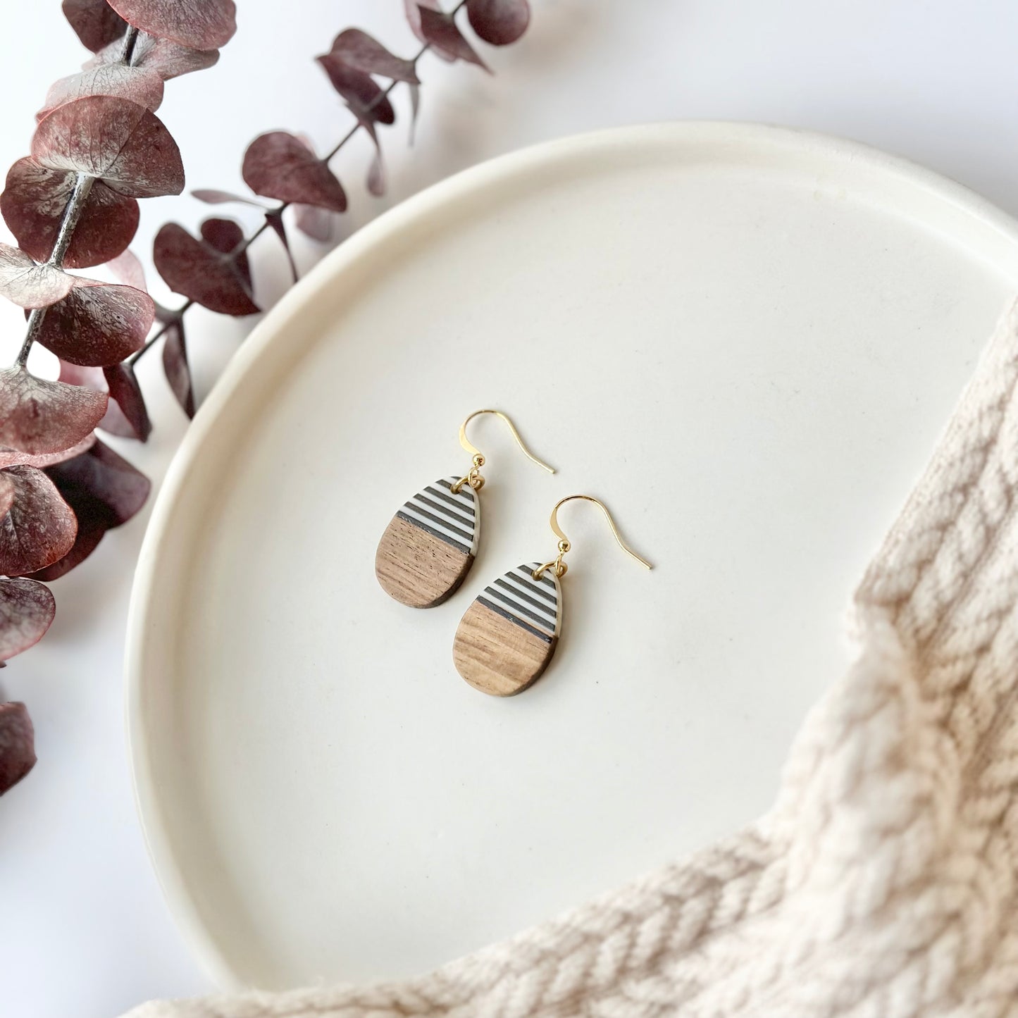 Black and White Resin + Wood Teardrop Earrings