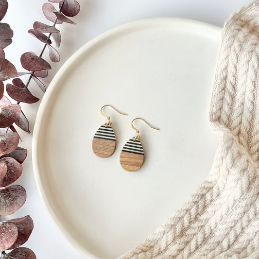 Black and White Resin + Wood Teardrop Earrings