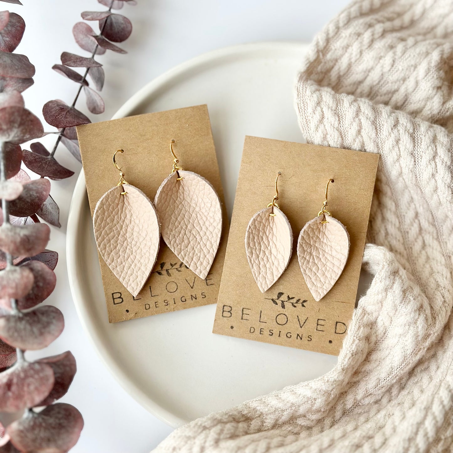 Barely Pink Leather Folded Leaf Earrings - Small