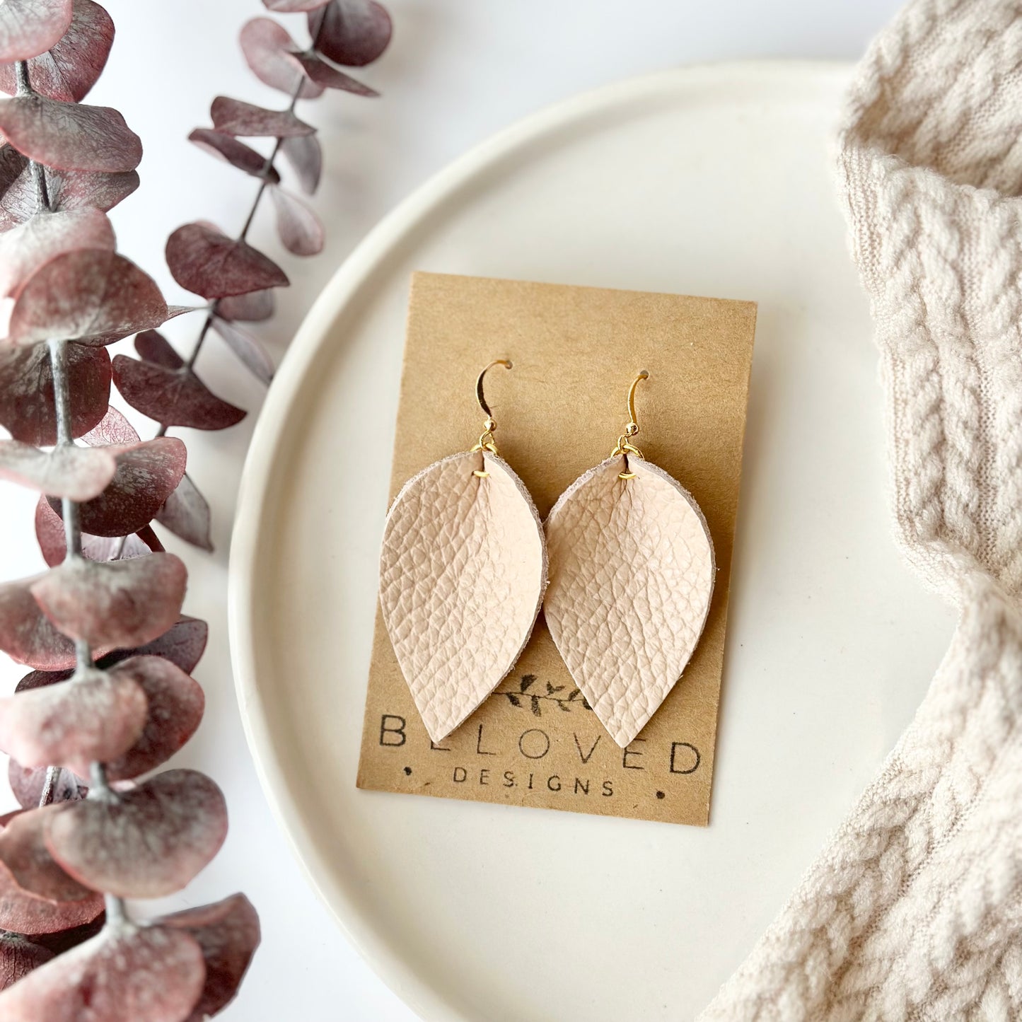 Barely Pink Leather Folded Leaf Earrings - Large