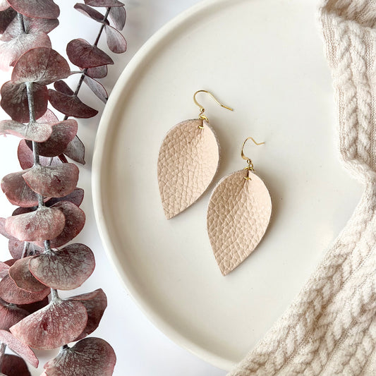 Barely Pink Leather Folded Leaf Earrings - Large