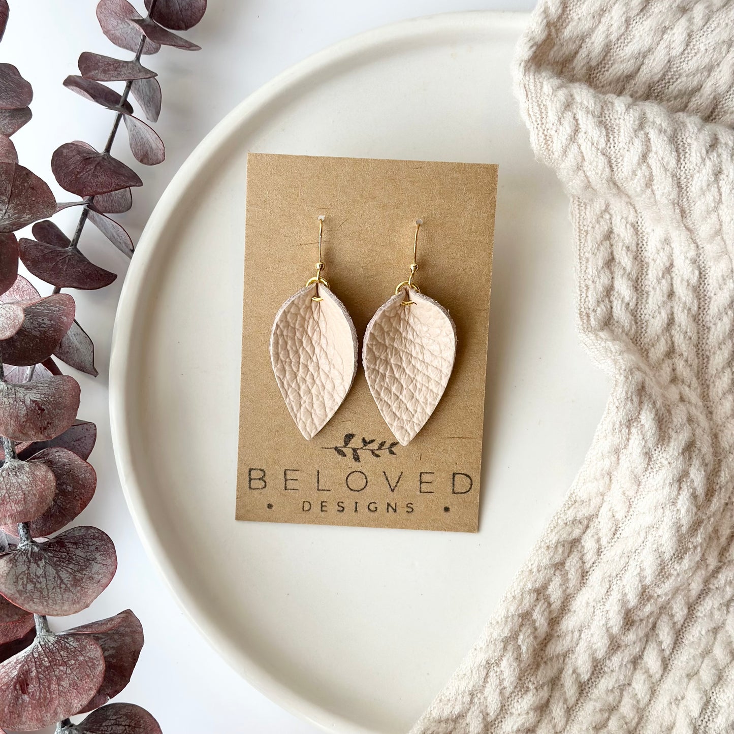 Barely Pink Leather Folded Leaf Earrings - Small