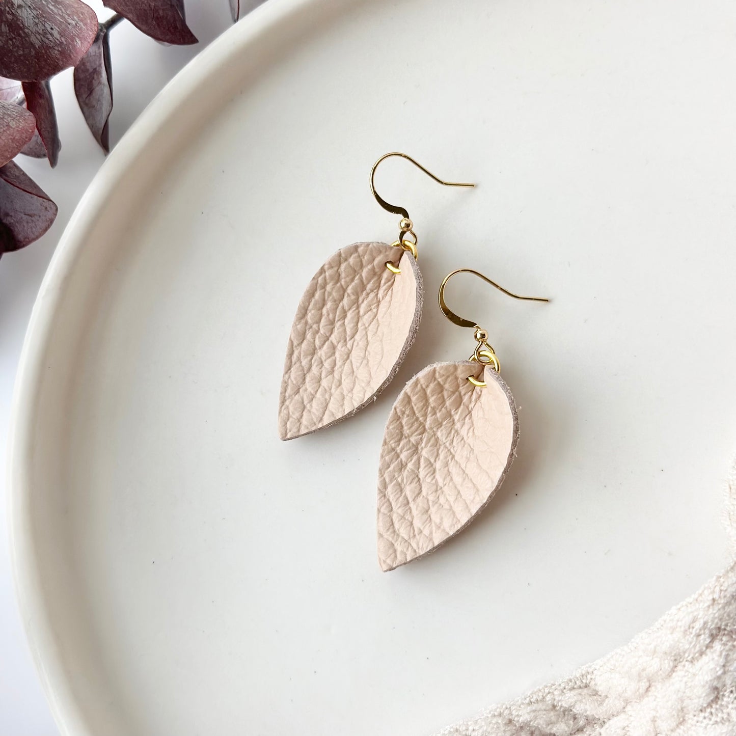 Barely Pink Leather Folded Leaf Earrings - Small