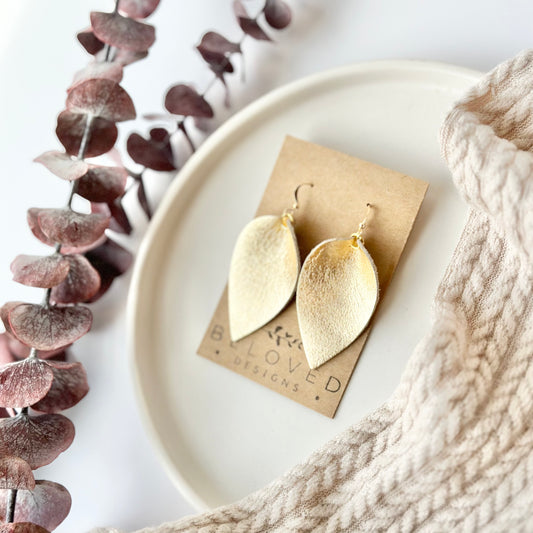 Golden Leather Folded Leaf Earrings - Large