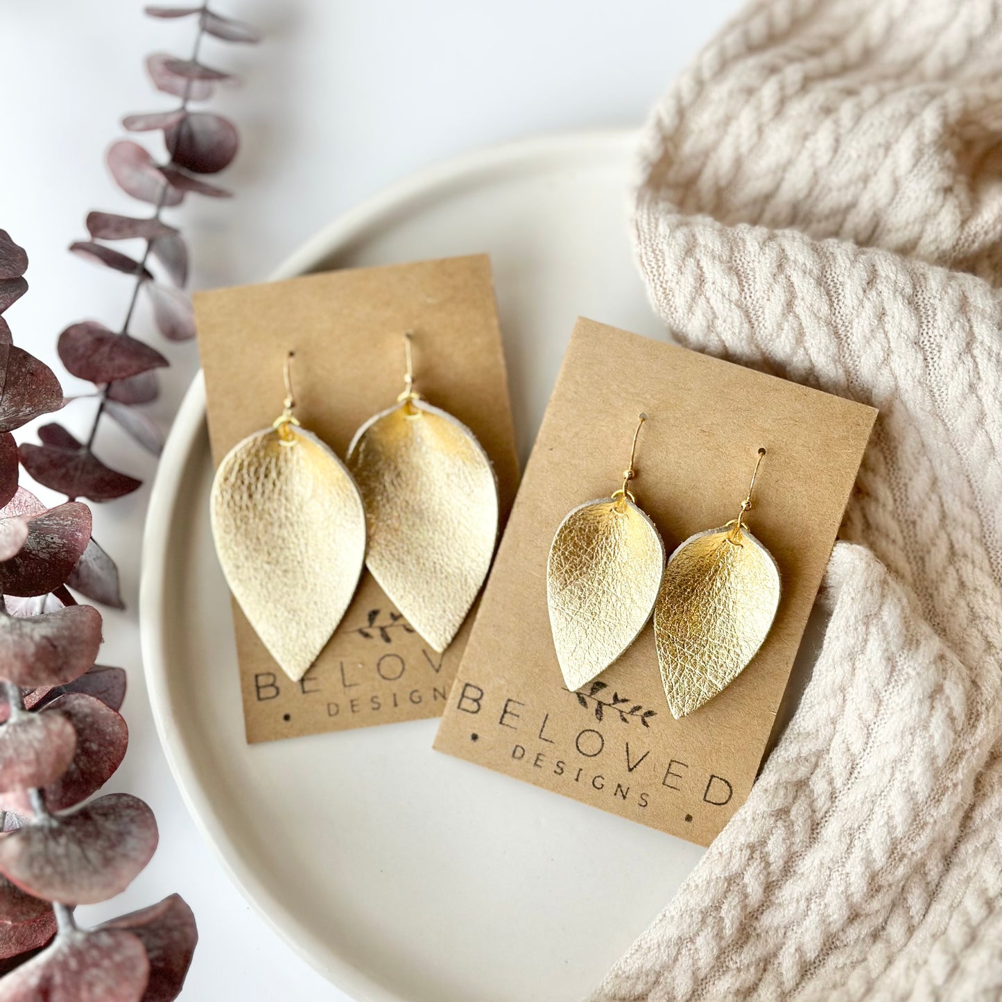 Golden Leather Folded Leaf Earrings - Small