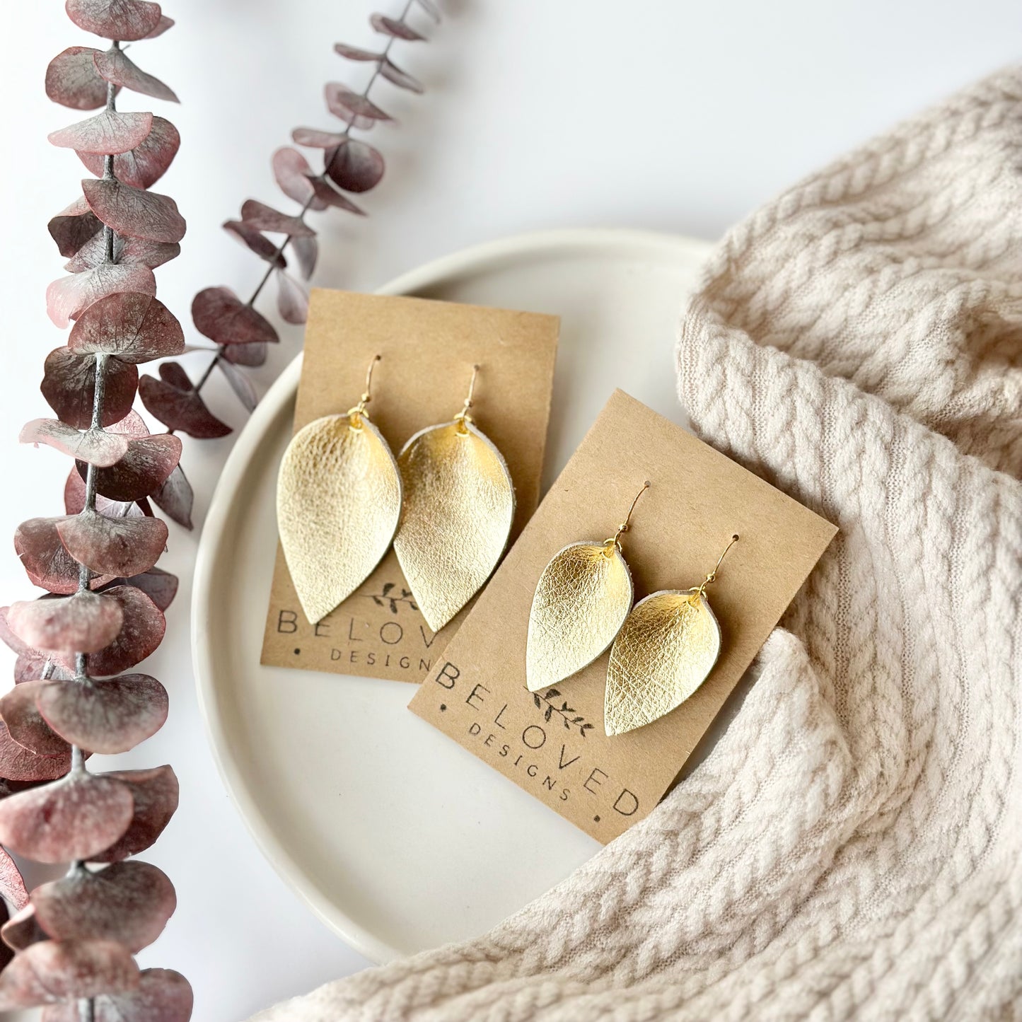 Golden Leather Folded Leaf Earrings - Large