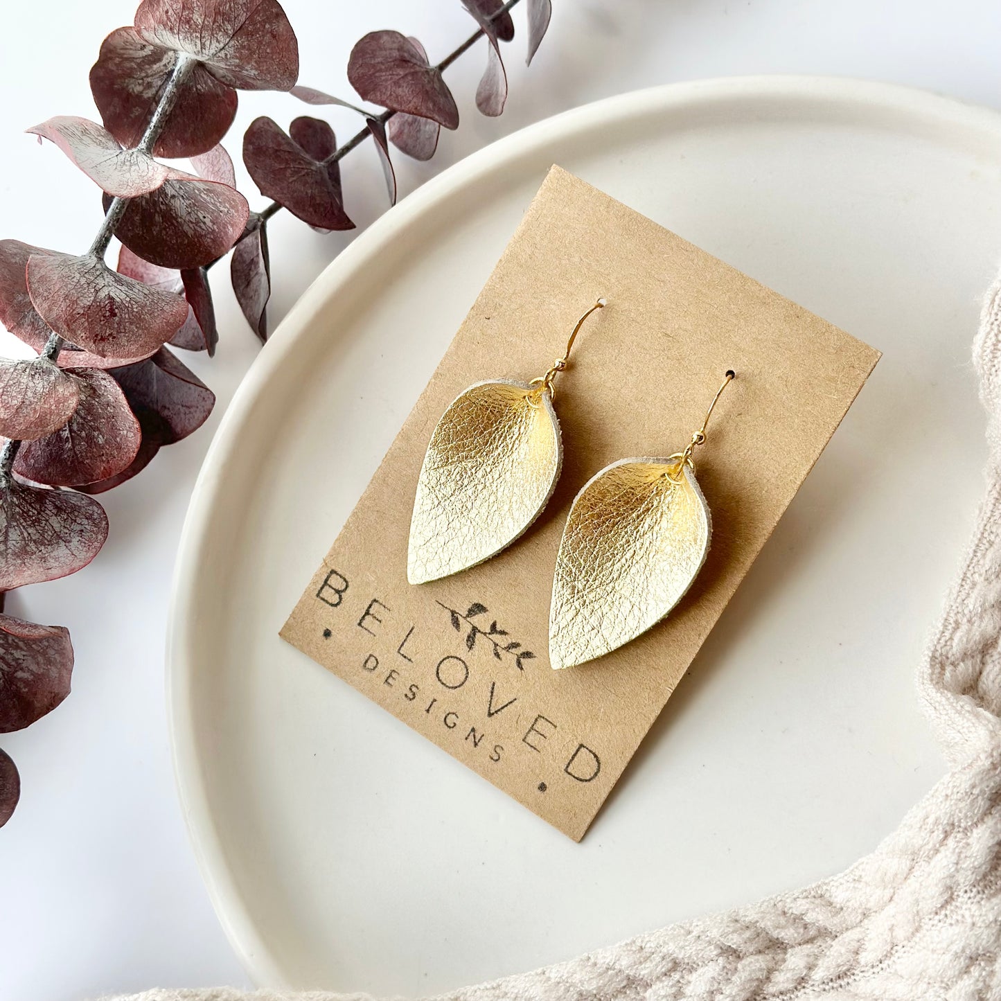 Golden Leather Folded Leaf Earrings - Small