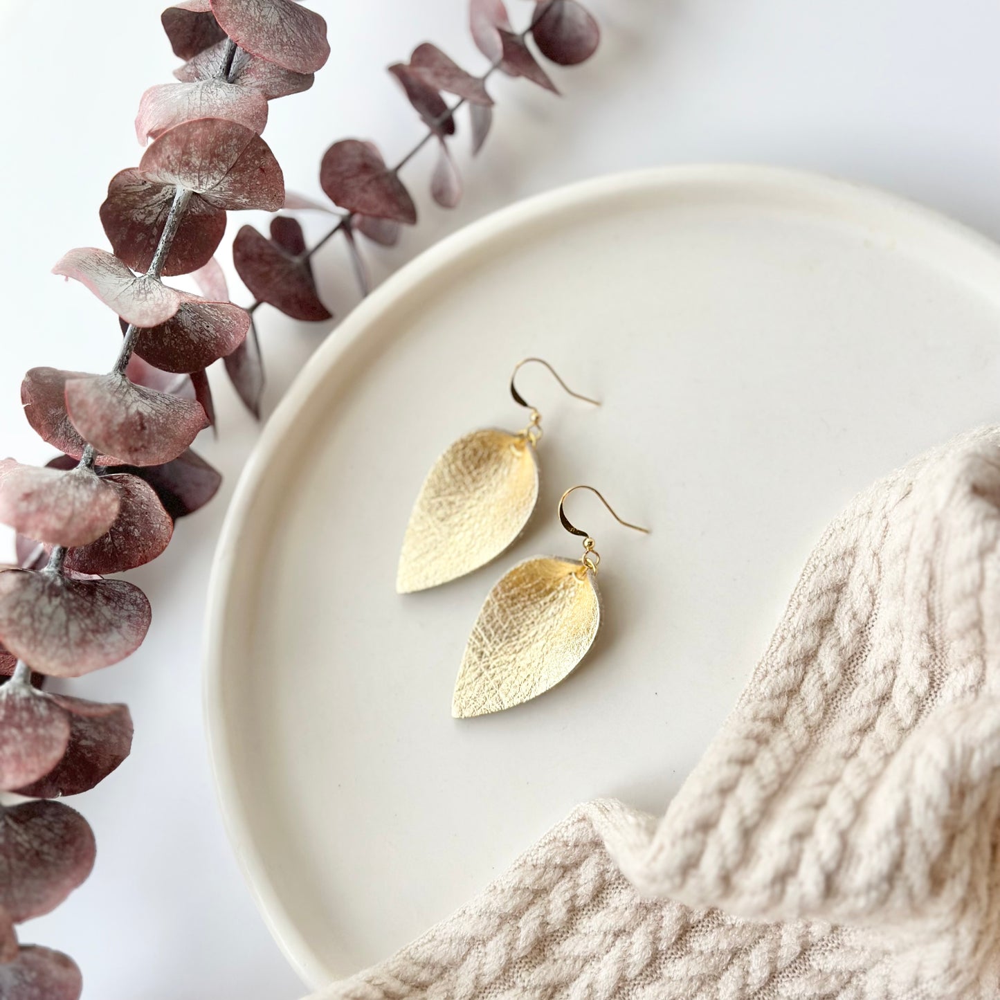 Golden Leather Folded Leaf Earrings - Small