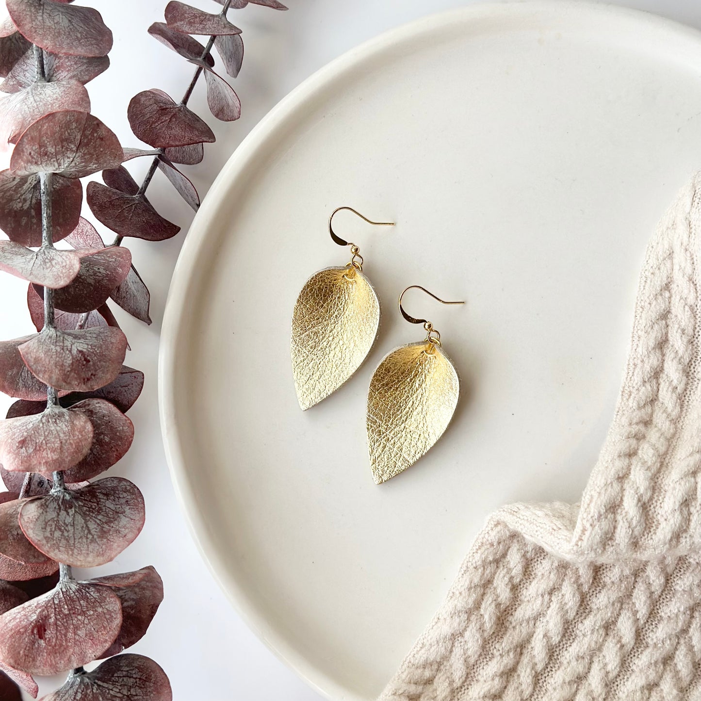 Golden Leather Folded Leaf Earrings - Small