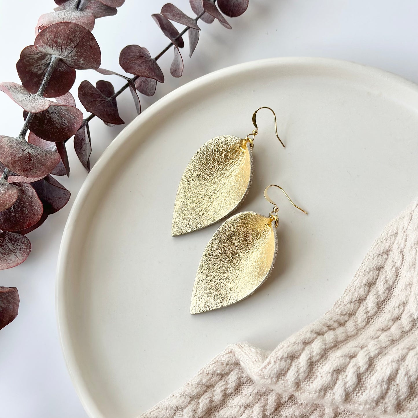 Golden Leather Folded Leaf Earrings - Large