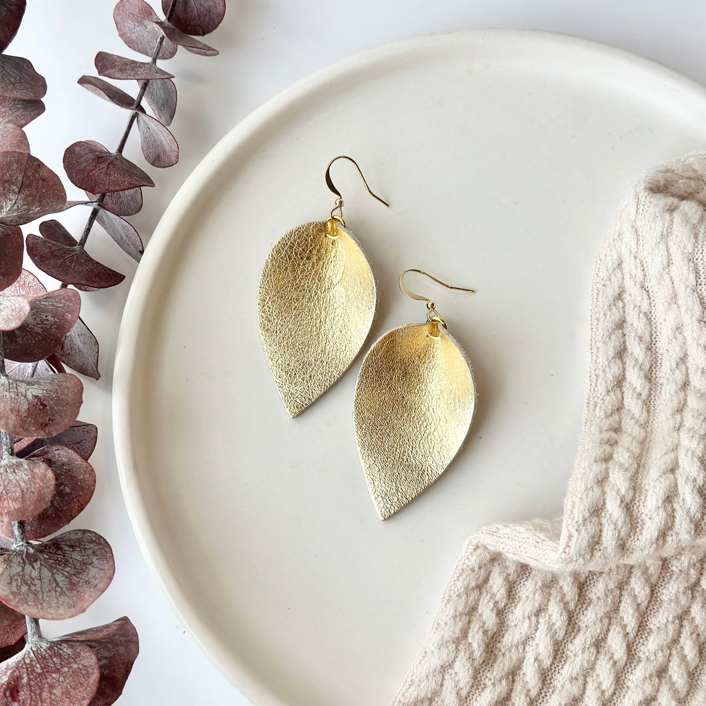 Golden Leather Folded Leaf Earrings - Large