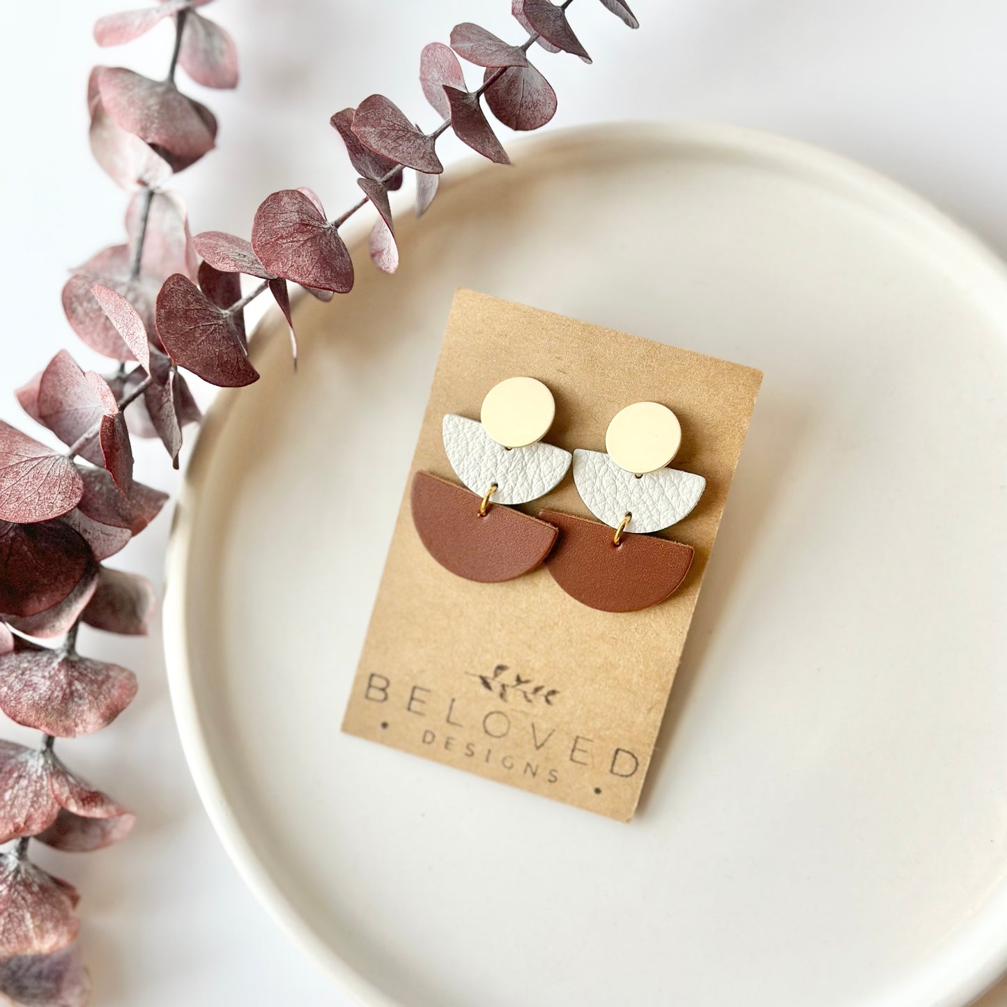 Nutmeg + Cream Leather Half Circle + Gold Stud Earrings