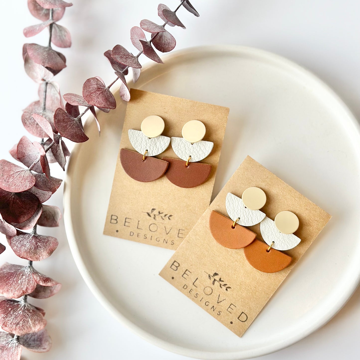 Nutmeg + Cream Leather Half Circle + Gold Stud Earrings