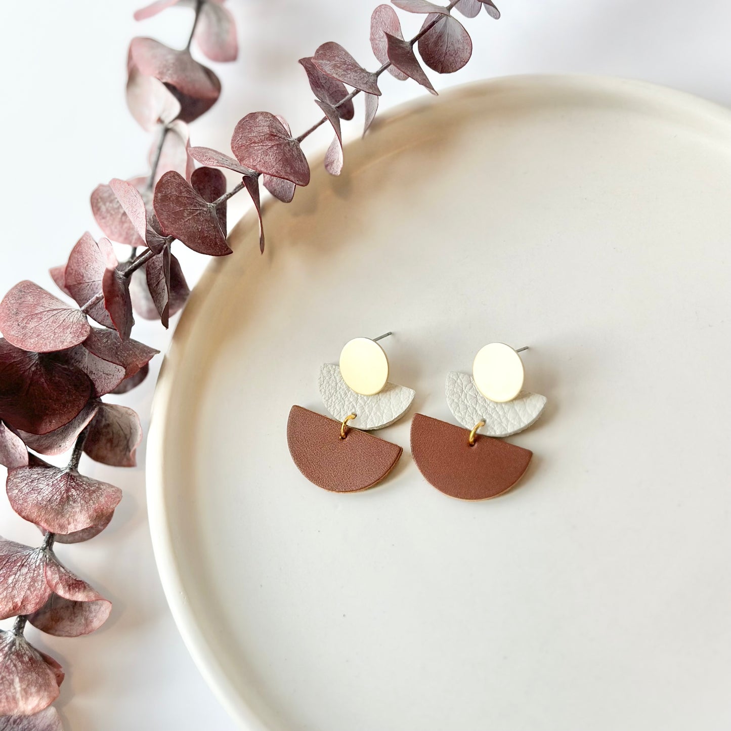 Nutmeg + Cream Leather Half Circle + Gold Stud Earrings