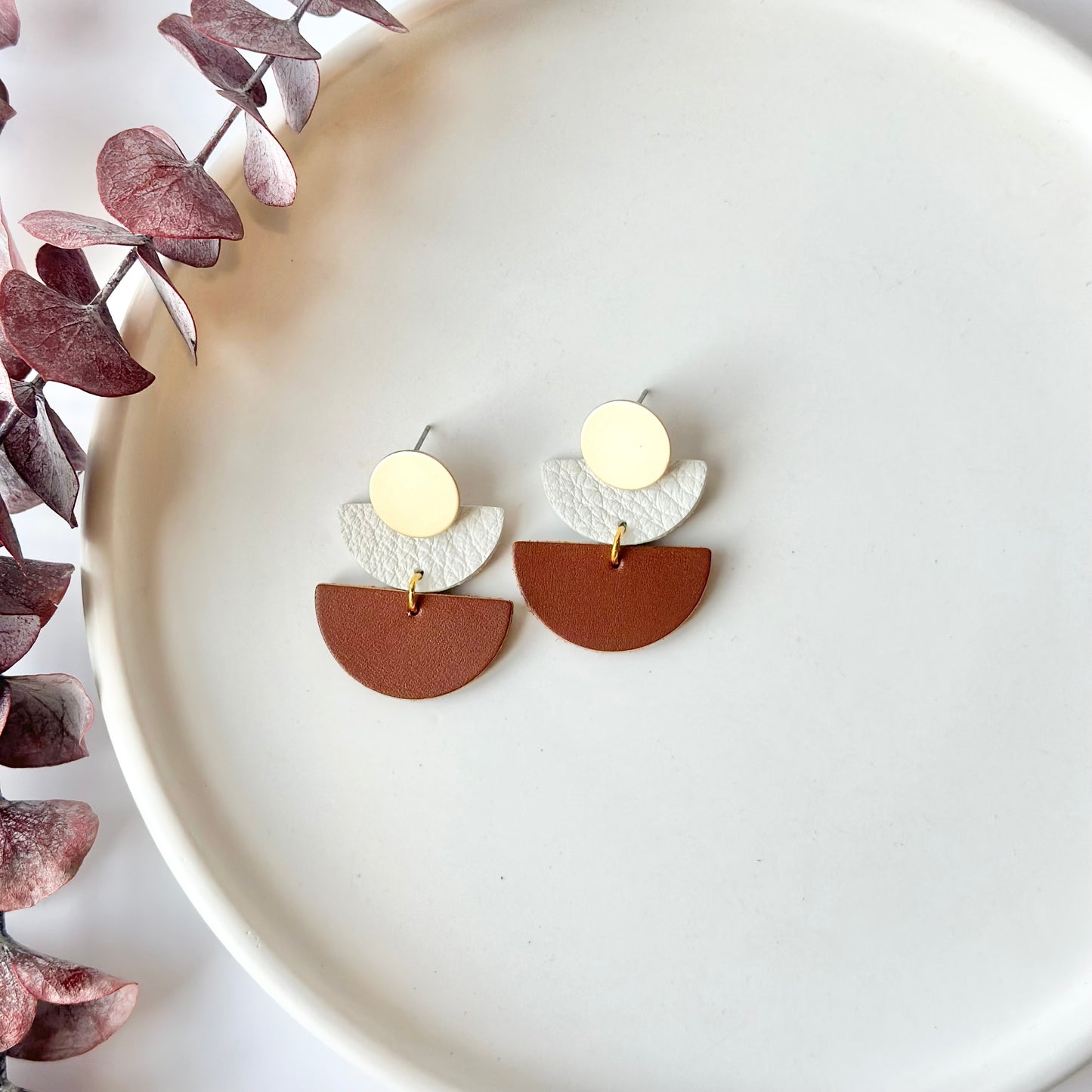 Nutmeg + Cream Leather Half Circle + Gold Stud Earrings