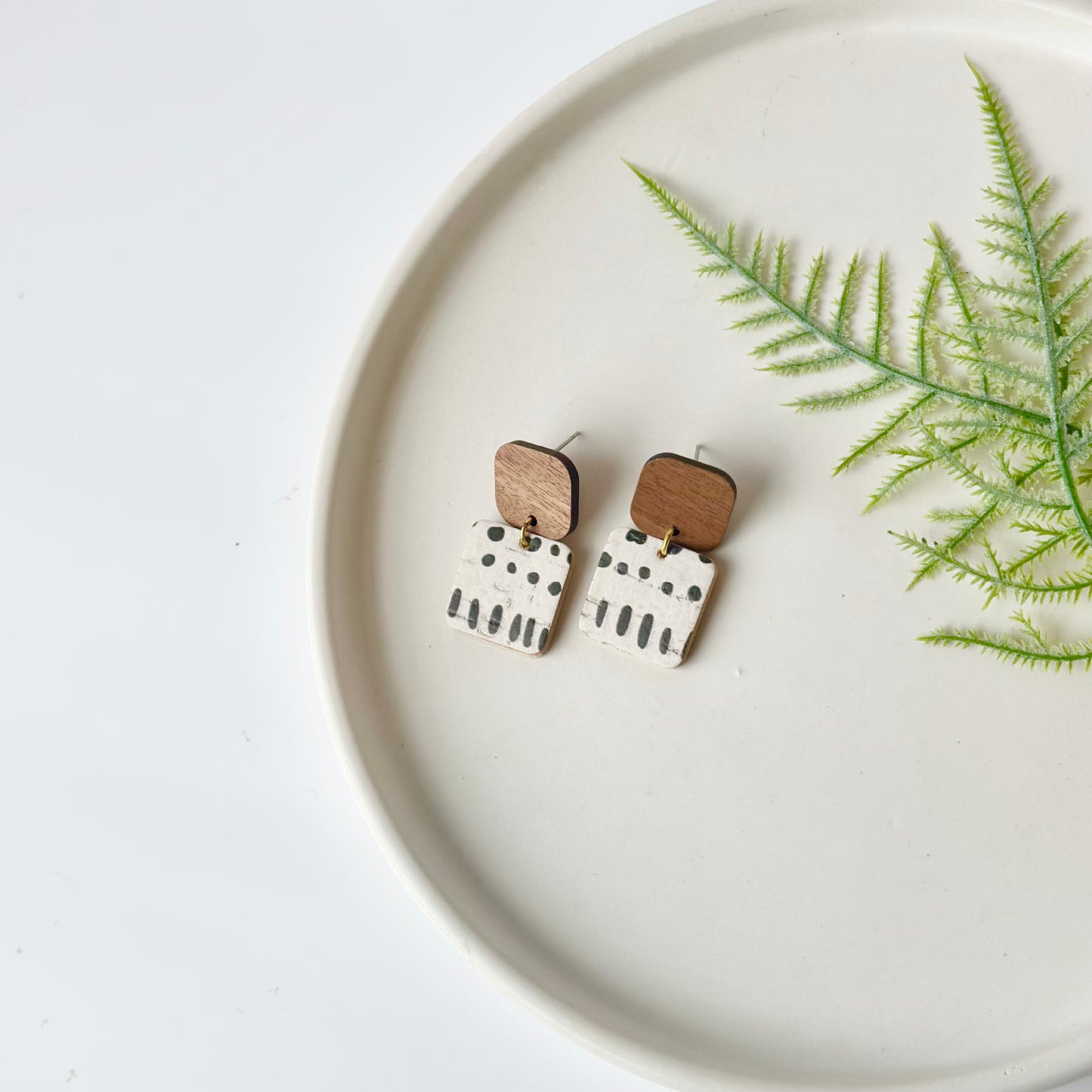 Black and White Abstract Leather + Wood Post Earrings