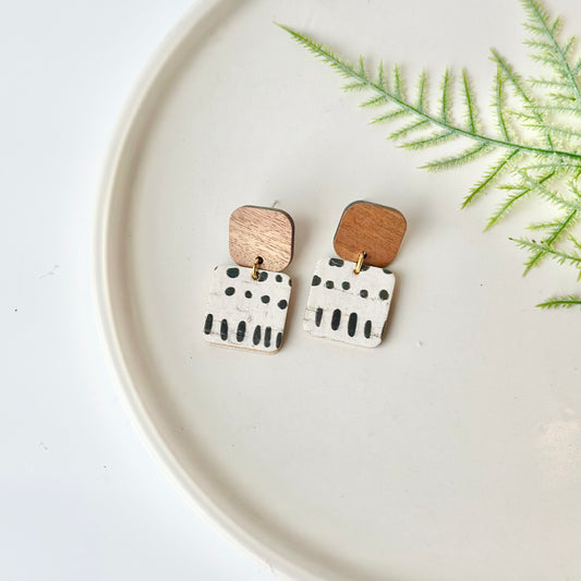 Black and White Abstract Leather + Wood Post Earrings