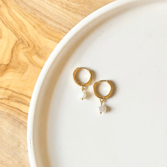 Huggie + Pearl Earrings | Gold