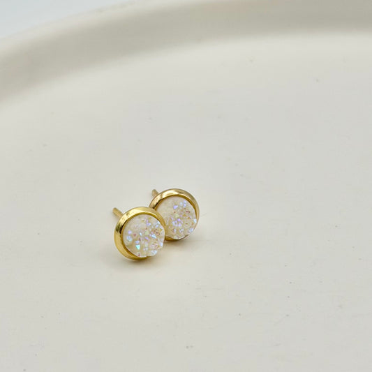 White Sparkle Stud Earrings | 6mm Gold