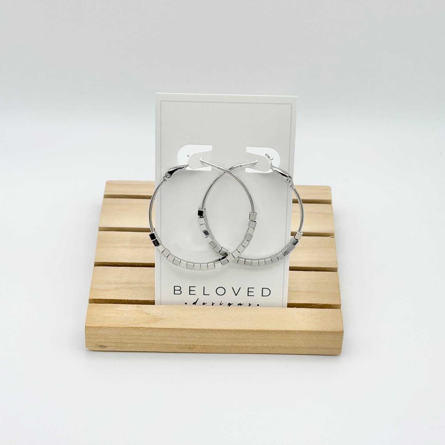 Square Bead Statement Hoop Earrings | Rhodium