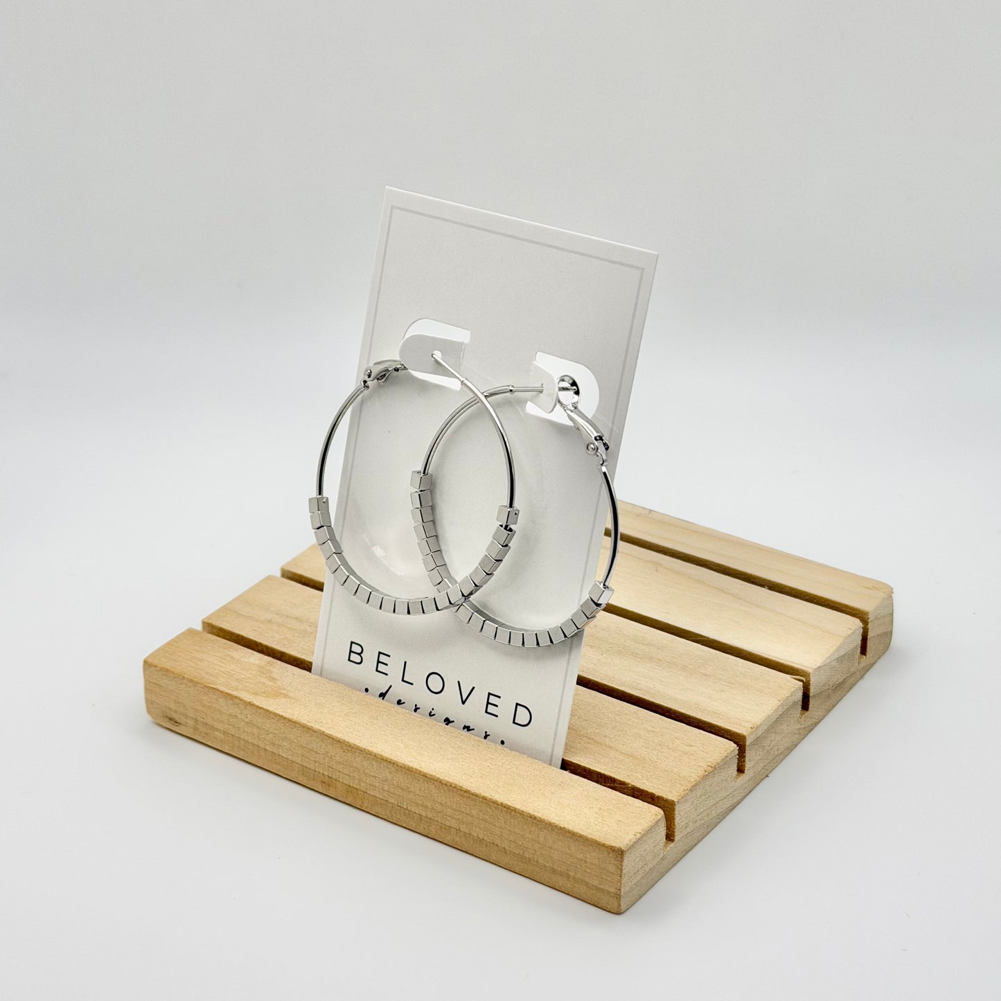 Square Bead Statement Hoop Earrings | Rhodium