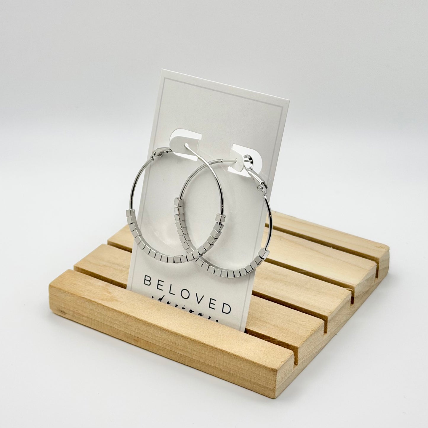 Square Bead Statement Hoop Earrings | Rhodium