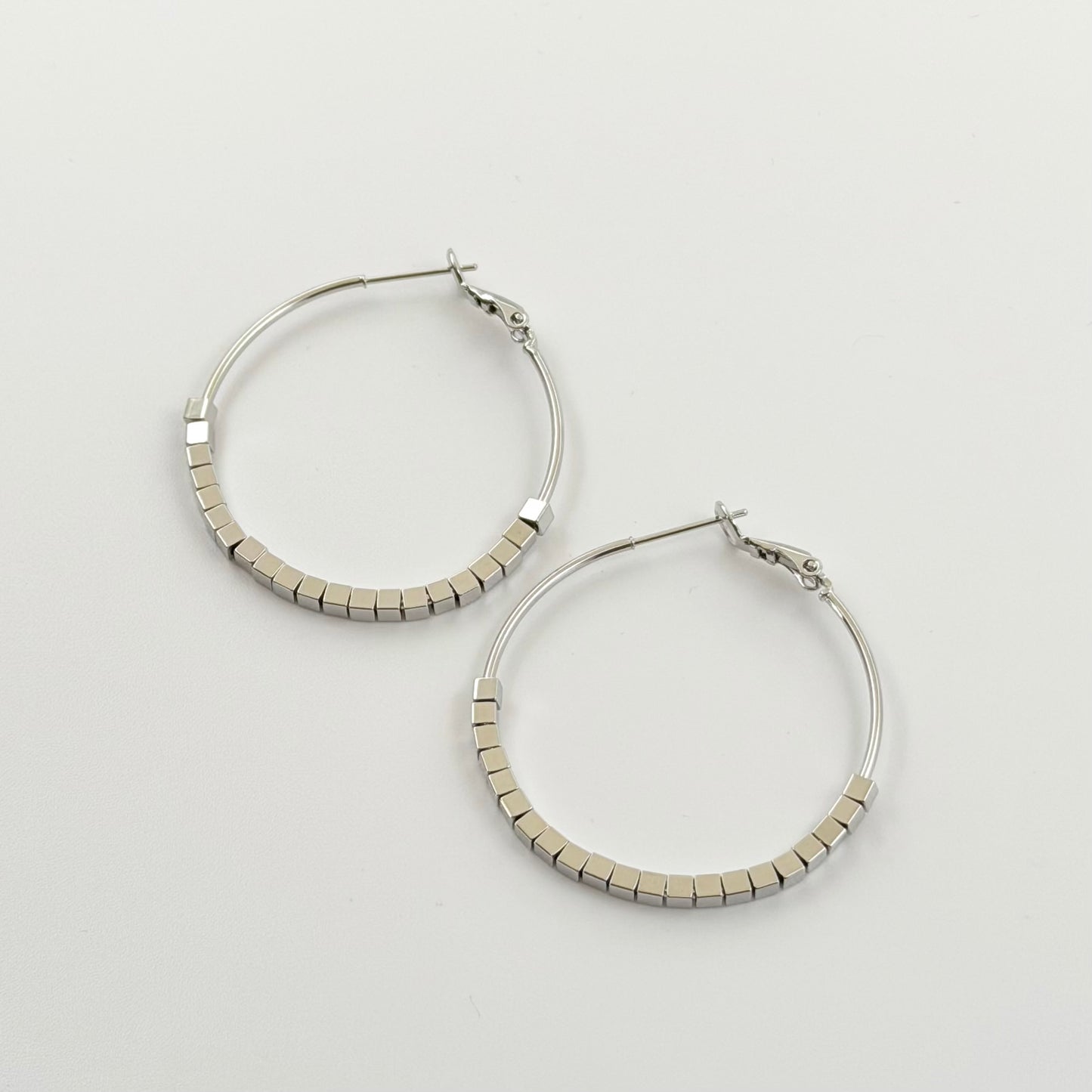 Square Bead Statement Hoop Earrings | Rhodium