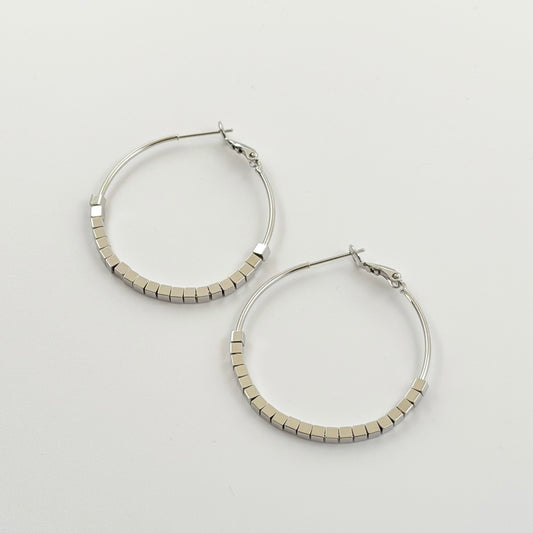 Square Bead Statement Hoop Earrings | Rhodium