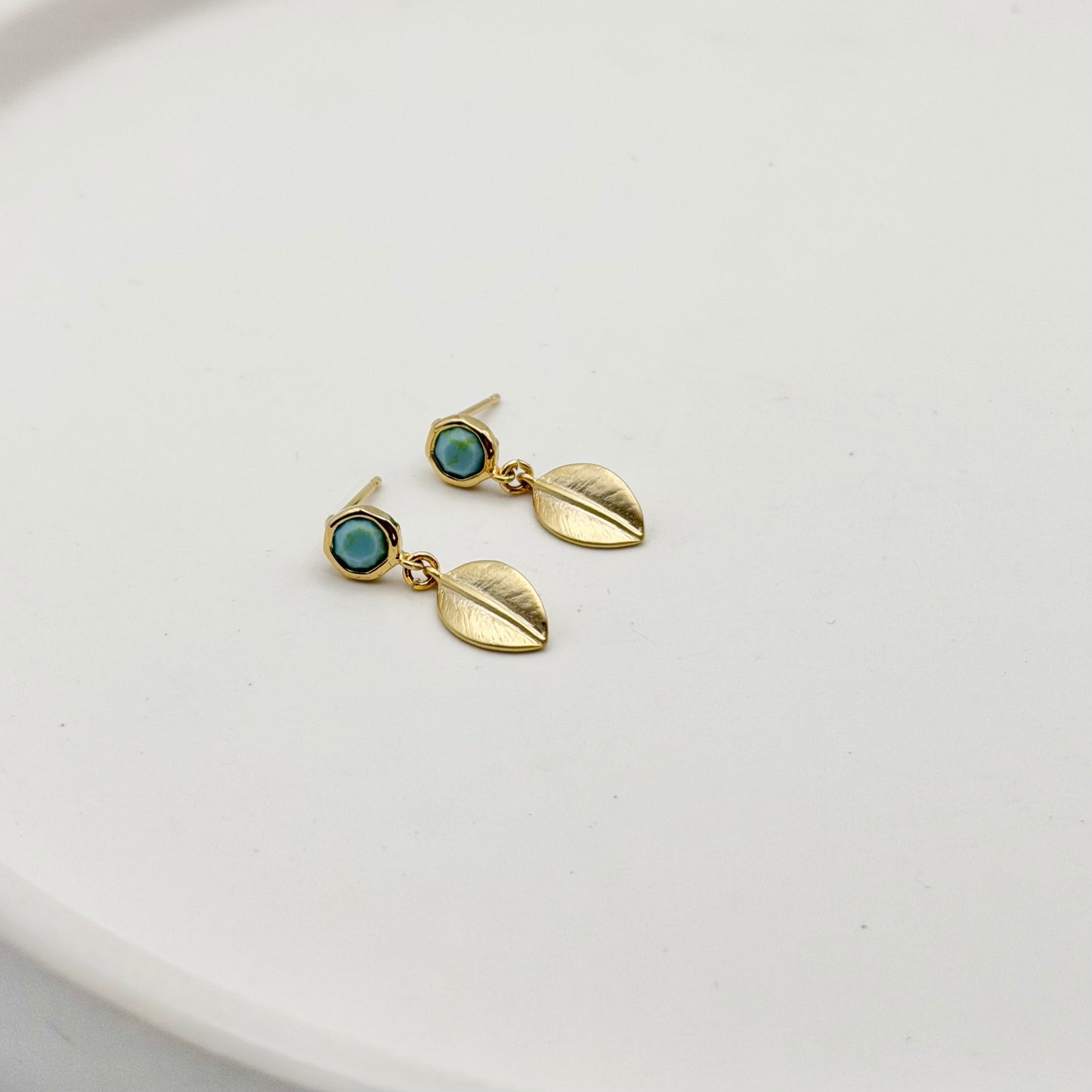 Turquoise Howlite Stud + Leaf Earrings | Small Gold