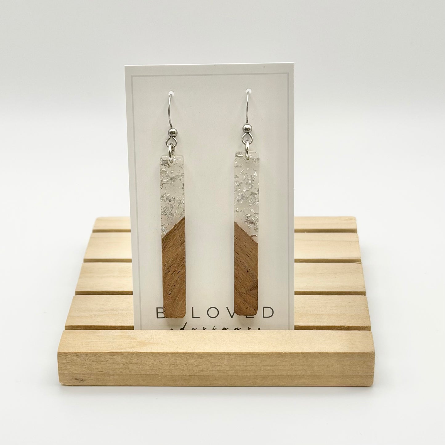 Silver Fleck Resin + Wood Bar Earrings