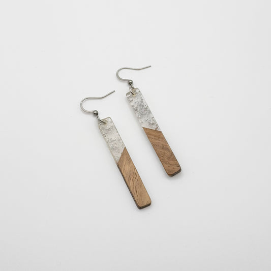 Silver Fleck Resin + Wood Bar Earrings