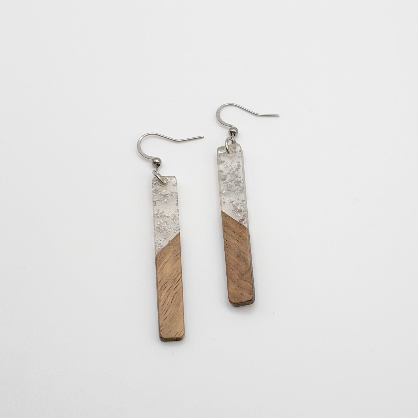 Silver Fleck Resin + Wood Bar Earrings