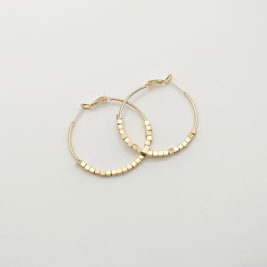 Square Bead Statement Hoop Earrings | Gold
